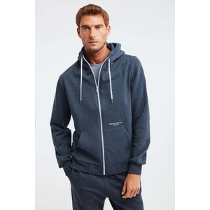 Momentum Erkek Fermuarlı Yuksek Yaka Kapüşonlu Nakışlı Kordonlu Içi Polarlı Lacivert Sweatshirt