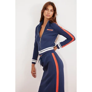 Anıta Kadın Örme Slim Fit Parça Baskılı Dik Yaka Lacivert Ceket
