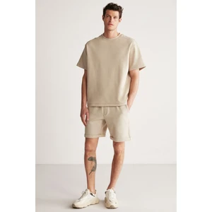 Bruce Erkek 2 Li Set Özel Dokulu Kumaşlı Oversize Fit Bej Alt-Üst Takım