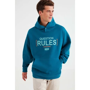 Mood Erkek Içi Polarlı Yazı Baskılı Yakası Çıtçıtlı Kapüşonlu Petrol Yeşili Sweatshirt
