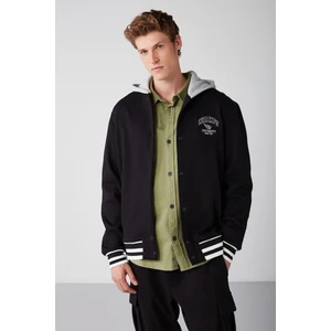 Leon Erkek Kolej Bomber Nakışlı Kontrast Kapüşonlu Çizgili Trikolu Içi Polarlı Bomber Siyah Sweatshirt