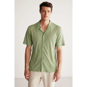 Doug Erkek Keten Görünümlü Regular Fit Tiril Tiril Kumaşlı Yazlık Yeşil Gömlek