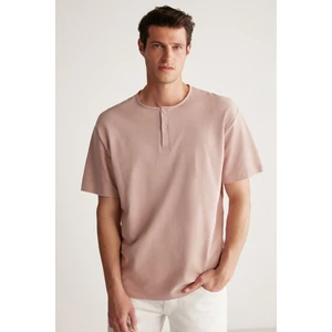 Harry Erkek Yaka Özel Sütrüktürlü Dokulu Kalın Kumaşlı %100 Pamuk Pembe T-Shirt