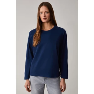 BASIL Kadını Oversize %100 Organik Pamuk Örme Uzun Kol Lacivert T-Shirt
