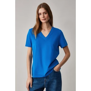 Alıne Kadın  Pamuk Derin V Yakalı Comfort Fit Parlament Mavi T-Shirt