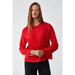 Basıl Kadını Oversize %100 Organik Pamuk Örme Uzun Kol Kırmızı T-Shirt