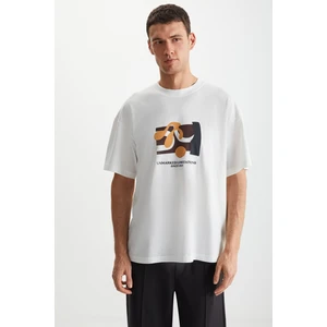 RAMADANP007 Erkek PAMUK Bisiklet Yaka Baskılı Ekru T-Shirt