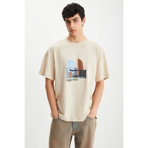 RAMADANP007 Erkek PAMUK Bisiklet Yaka Baskılı Bej T-Shirt