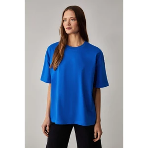 Lagertha Kadın  Organik Pamuklu Kalın Dokulu Oversize Fit Yuvarlak Yakalı Mavi T-Shirt
