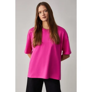 Jemmy Kadın  Organik Pamuk Relaxed Fit Yırtmaçlı Yuvarlak Yakalı Pembe T-Shirt