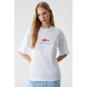 Caıtlyn Kadın Oversize Bisiklet Yaka Beyaz T-Shirt