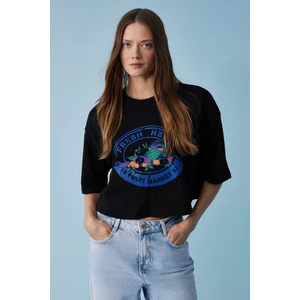Ahrı Kadın Relaxed Bisiklet Yaka Baskılı Siyah T-Shirt