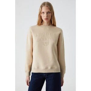 Rıcennı Kadın Bisiklet Yaka Oversize Taş Rengi Sweatshirt