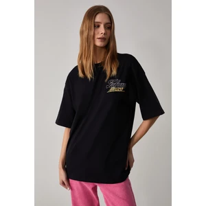 Caıtlyn Kadın Oversize Bisiklet Yaka Siyah T-Shirt