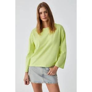 Basıl Kadını Oversize  Organik Pamuk Örme Uzun Kol Yeşil T-Shirt