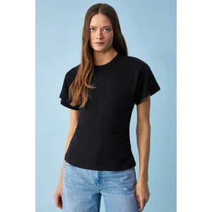 Nexus Kadın Regular Bisiklet Yaka Büzgü Siyah T-Shirt