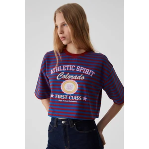 AHRI Kadın Relaxed Bisiklet Yaka Baskılı Kırmızı / Mavi T-Shirt