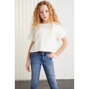 Verena Kız Çocuk %100 Pamuk Double Kol Süs Etiketli Beyaz T-Shirt