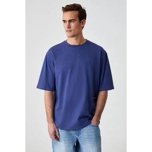 Maıne Erkek Nakış Detaylı  Organik Pamuk Oversize Bisiklet Yaka Mavi T-Shirt