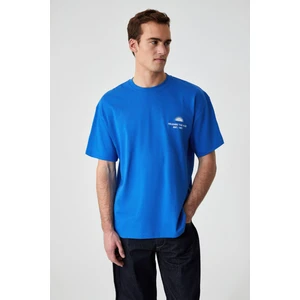 Khary Erkek Nakış Detaylı  Organik Pamuk Oversize Bisiklet Yaka Saks Mavi T-Shirt
