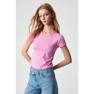 MASROUTI Kadın Slim Kısa V Yaka Kısa Kol Pembe T-Shirt