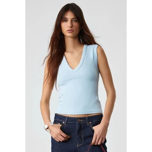 Lescosa Kadın Slim V Yaka Kolsuz Mavi Bluz