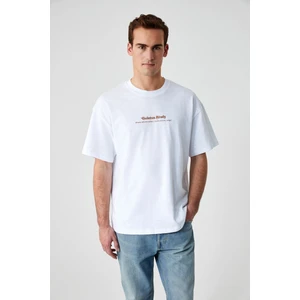Boletus Erkek Baskı Detaylı  Organik Pamuk Oversize Bisiklet Yaka Kısa Kol Beyaz T-Shirt