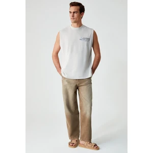 Adewale Erkek Baskı Detaylı Biisklet Yaka Oversize  Organik Pamuk Taş Rengi T-Shirt