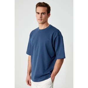 Solo Erkek  Organik Pamuklu Kalın Dokulu Comfort Fit Bisiklet Yakalı Navy T-Shirt