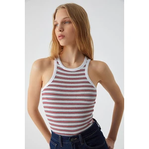 Eldanr Kadın Halter Yaka Slim Fit Çizgi Desenli Beyaz - Kırmızı - Lacivert Atlet