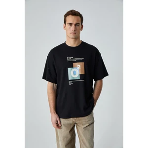 Prısmatıc Erkek Siyah Oversize Bisiklet Yaka Baskılı T-shirt