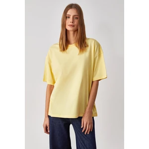 Lagertha Kadın  Organik Pamuklu Kalın Dokulu Oversize Fit Yuvarlak Yakalı Sarı T-Shirt