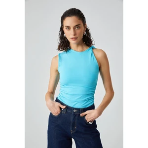 FLORIANNA Kadın Viskon Likralı Burgu Omuzlu Çift Kat Drapeli Turkuaz Bluz