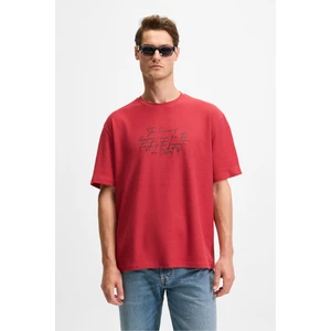 Bondıa Erkek Baskı Detaylı  Organik Pamuk Oversize Fit Bisiklet Yakalı Kısa Kollu Bordo T-Shirt