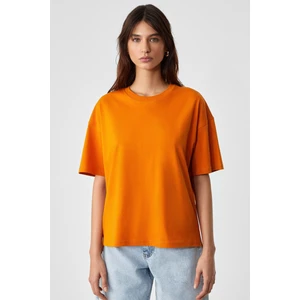 Jemmy Kadın  Organik Pamuk Relaxed Fit Yırtmaçlı Yuvarlak Yakalı Turuncu T-Shirt