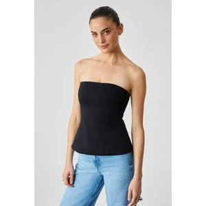 ORIANA Kadın Slim Fit Straplez Siyah Bluz