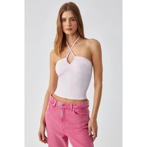 Urıcı Kadın Slim Askılı Yaka Bağcıklı Ince Kısa Pembe Bluz