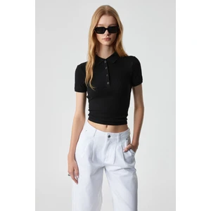 Oberwart Kadın Slim Gömlek Yaka Kısa Kol Siyah Bluz