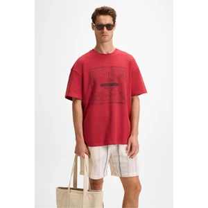 Tempus Erkek Baskı Detaylı  Organik Pamuk Bisiklet Yaka Oversize Fit Bordo T-Shirt