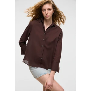 VARAZDIN Kadın Oversize Uzun Kollu %100 Pamuk Gömlek Yaka Uzun İnce Koyu Kahverengi Gömlek