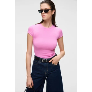 HOPEWELL Kadın Yuvarlak Yaka Örme Slim Fit Pembe T-Shirt
