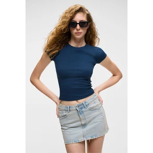 HOPEWELL Kadın Yuvarlak Yaka Örme Slim Fit Lacivert T-Shirt