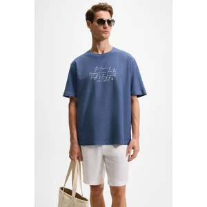 Bondıa Erkek Baskı Detaylı  Organik Pamuk Oversize Fit Bisiklet Yakalı Kısa Kollu Indigo T-Shirt