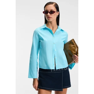 GRINNE Kadın Slim Gömlek Yaka Uzun Kollu İnce Uzun Mavi Gömlek