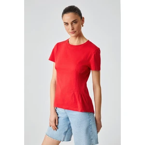 Jessıa Kadın Korse Detaylı  Organik Pamuk Bisiklet Yaka Kırmızı T-Shirt