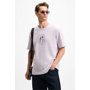 Dapperly Erkek Ön Baskı ve Nakış Detaylı Organik Pamuk Bisiklet Yaka Regular Fit Lila T-Shirt
