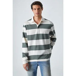 Harold Erkek Uzun Kollu Relaxed Fit Patlı Haki / Ekru Polo Yaka T-Shirt