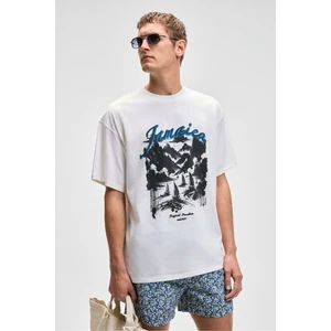 Benfıca Erkek  Organik Pamuk Baskı Detaylı Oversize Kısa Kol Bisiklet Yaka Beyaz T-Shirt