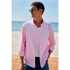Perttu Erkek %100 Pamuk Slim Fit Dar Kesim Düğmeli Yaka Keten Görünümlü Flamlı Pembe Gömlek
