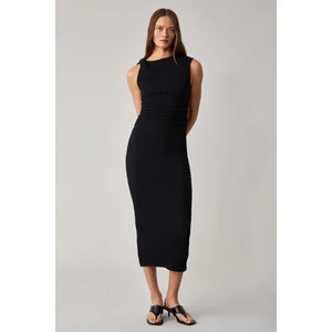 MORFY Kadın Slim Fit Midi Boy Bisiklet Yaka Kolsuz Siyah Elbise
